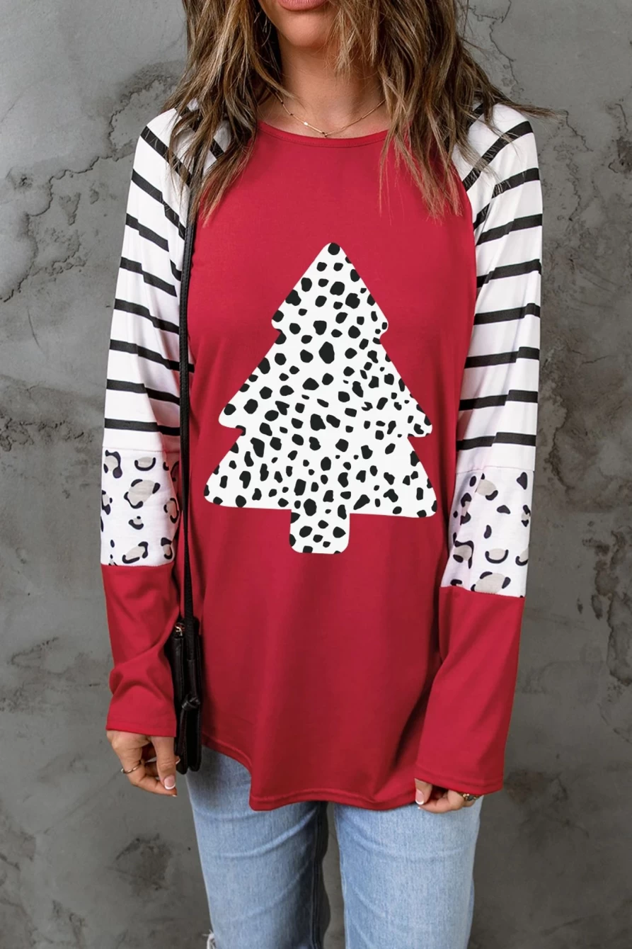 "SheWin Women's Red Leopard Print Christmas Tree Graphic Top - Striped Color Block Blouse"