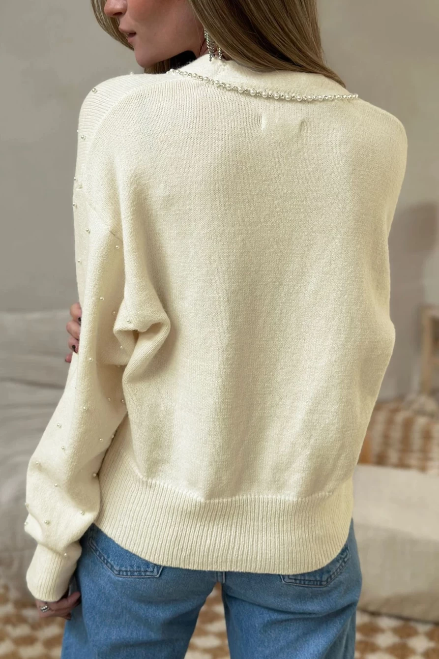 Shewin Women's White Beaded Button-Up Knit Cardigan Sweater