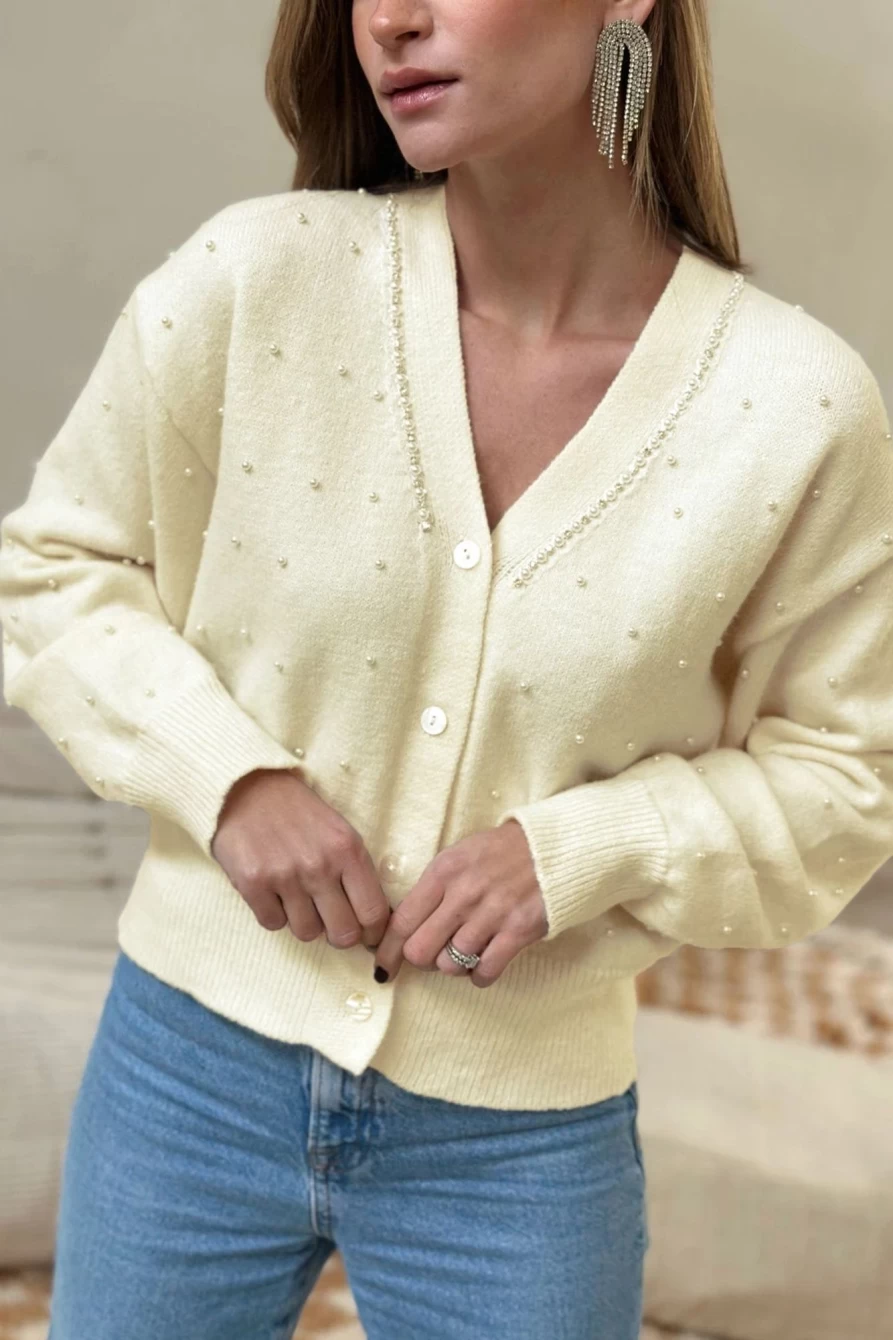Shewin Women's White Beaded Button-Up Knit Cardigan Sweater