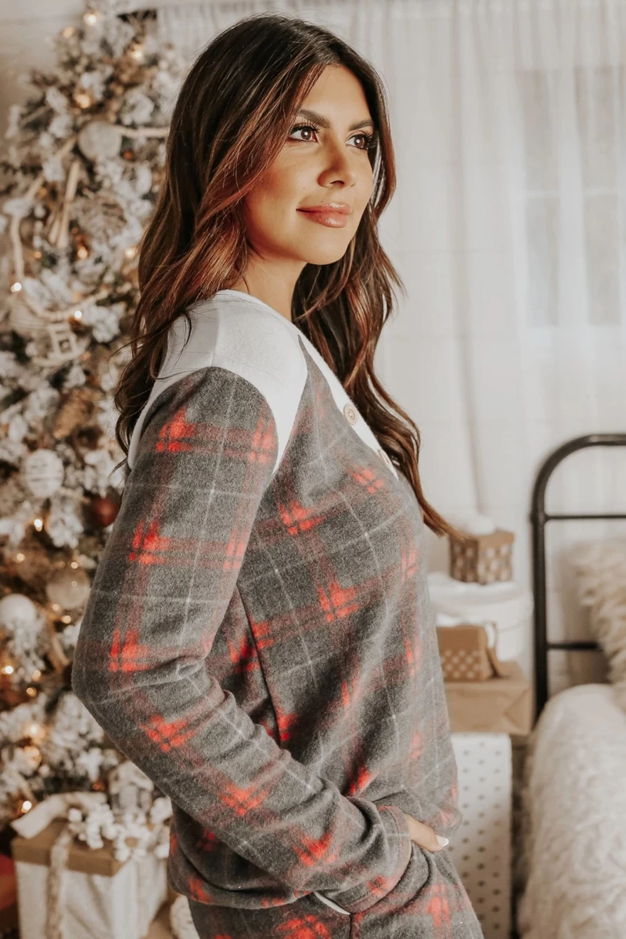 Shewin Women's Gray Plaid Button-Down V-Neck Top & Drawstring Pants Lounge Set