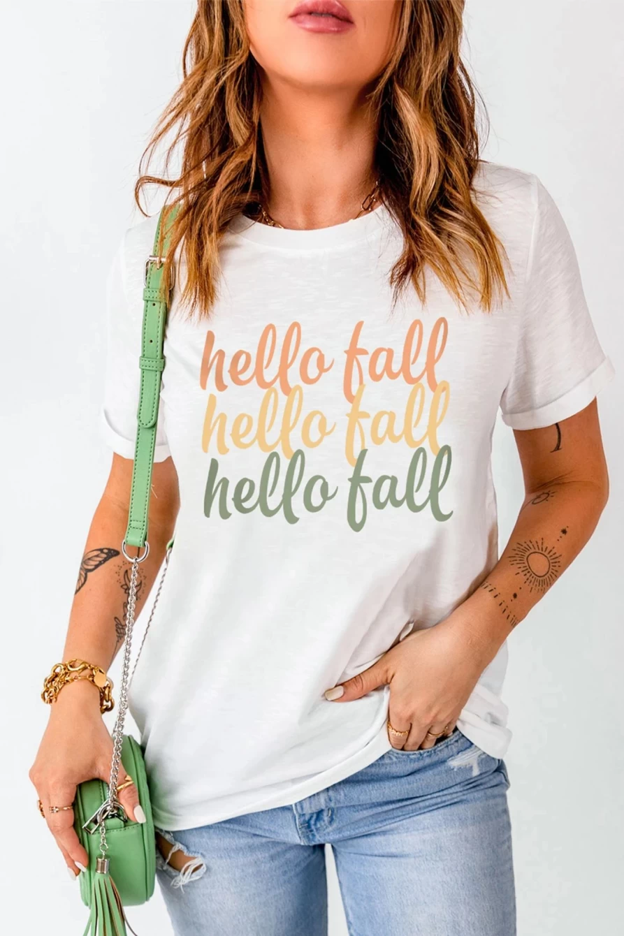 "SheWin Women's White Hello Fall Letter Print Casual Graphic T-Shirt"