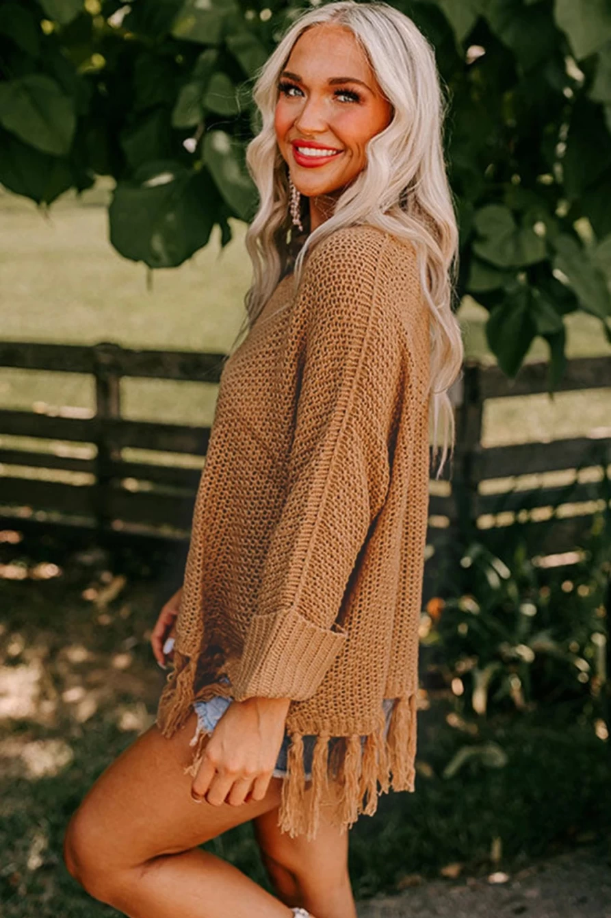 Shewin Women's Camel Tassel Hem Oversized Knit Sweater