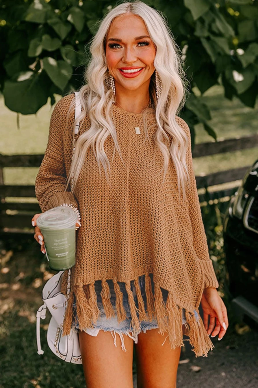 Shewin Women's Camel Tassel Hem Oversized Knit Sweater