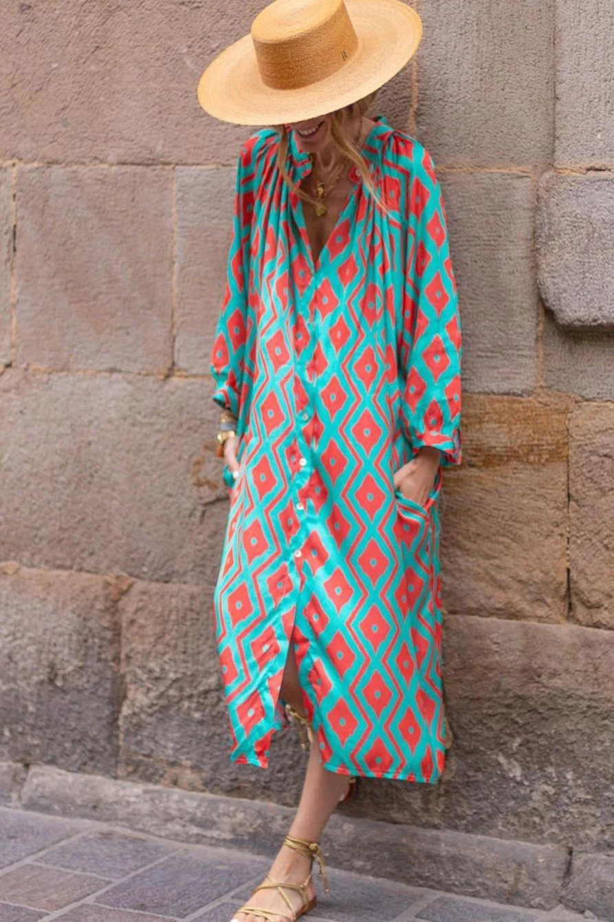 Shewin Women's Sky Blue Geometric Print Split Neck Loose Shirt Dress