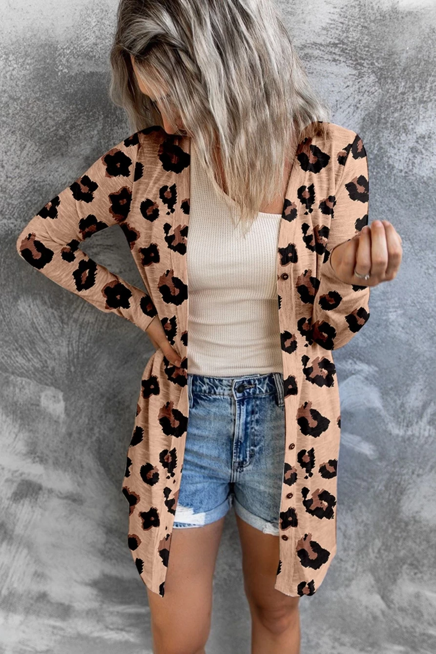 Women's Leopard Print Lightweight Long Cardigan by Shewin - Stylish Button Down Cover-Up