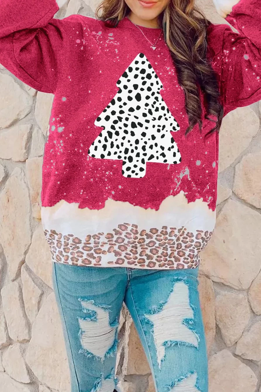 "Shewin Women's Red Leopard Print Christmas Tree Graphic Loose Fit Sweatshirt"