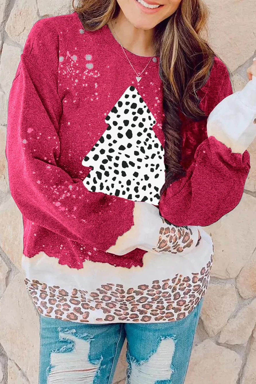 "Shewin Women's Red Leopard Print Christmas Tree Graphic Loose Fit Sweatshirt"