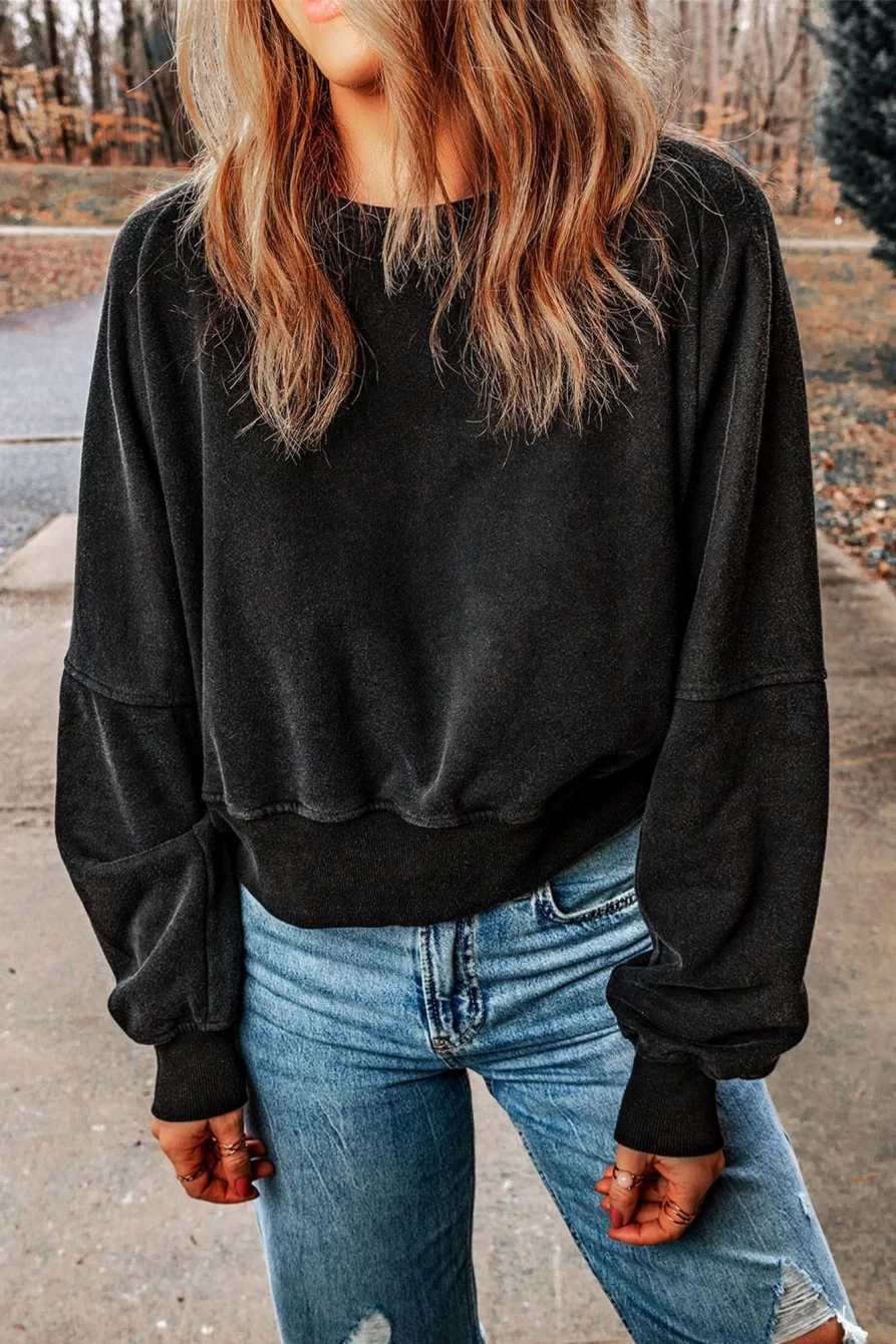 Shewin Women's Black Casual V-Neck One Strap Open Back Sweatshirt