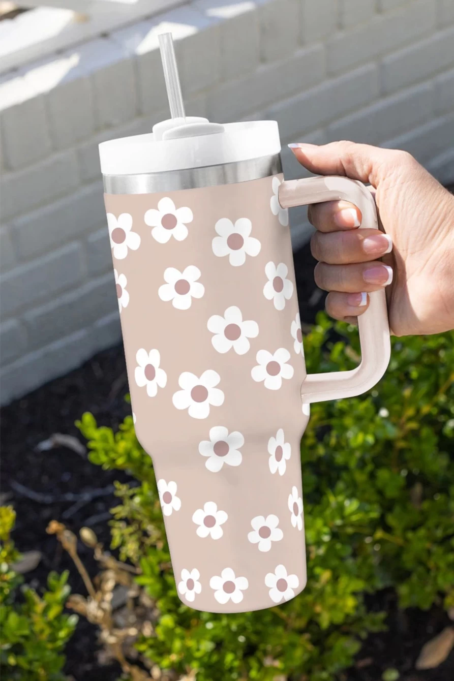 Shewin Women's Parchment Floret Print Stainless Steel Tumbler with Lid and Straw