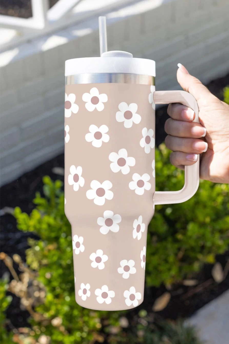 Shewin Women's Parchment Floret Print Stainless Steel Tumbler with Lid and Straw