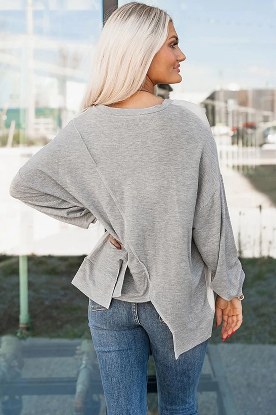 Shewin Women's Khaki Colorblock Long Sleeve Top with Irregular Hem