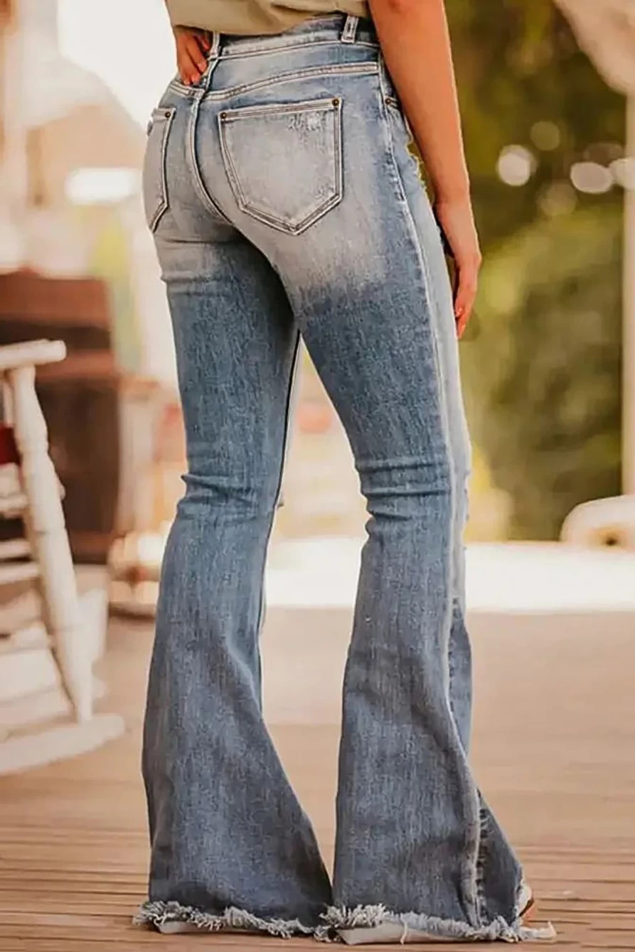 Shewin Women's Vintage Dusk Blue Light Wash Ripped Raw Edge Flare Jeans