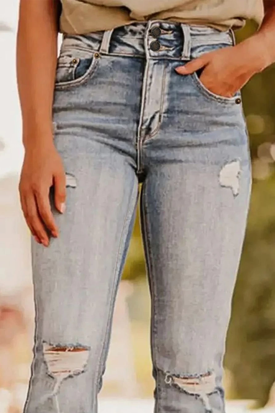 Shewin Women's Vintage Dusk Blue Light Wash Ripped Raw Edge Flare Jeans