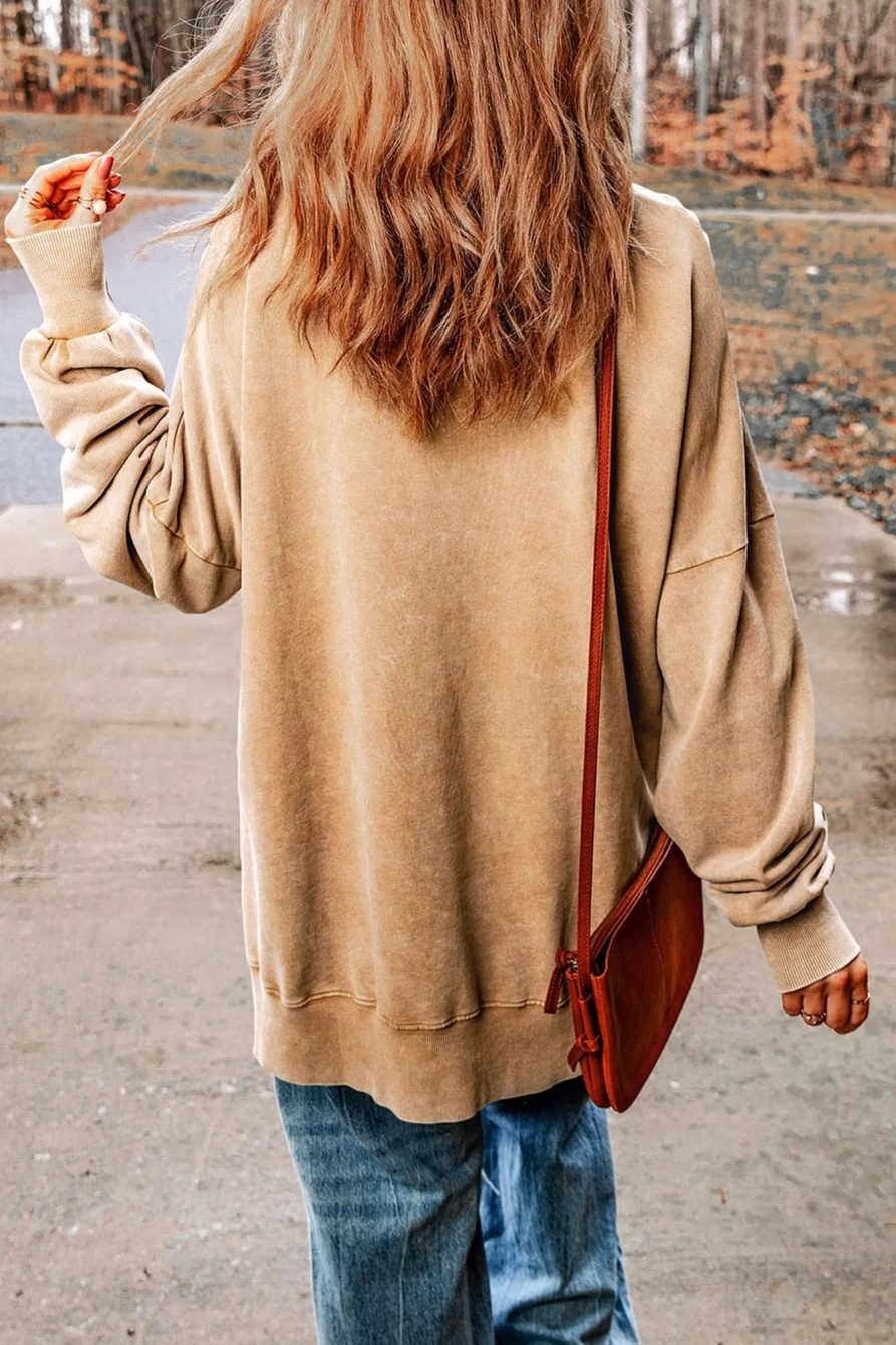 Shewin Women's Khaki Fall Letter Print Oversized Pullover Sweatshirt