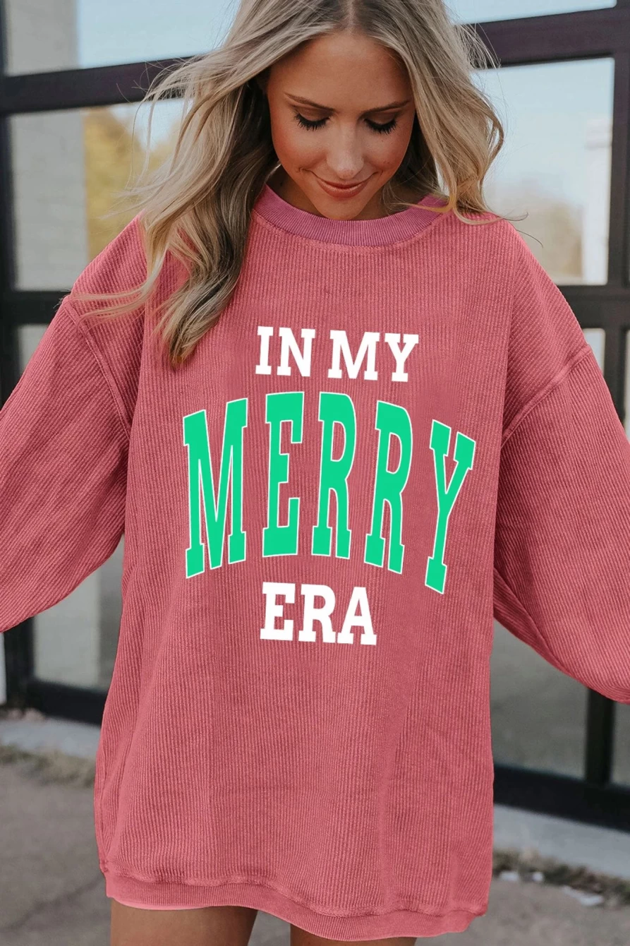 "SheWin Women's Strawberry Pink Merry Era Graphic Loose Fit Sweatshirt"