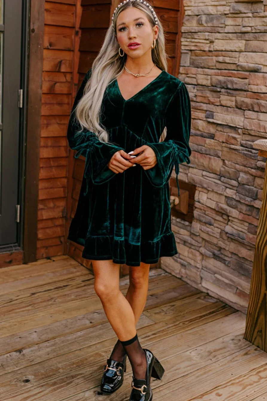 Shewin Women's Blackish Green V-Neck Lace-Up Sleeve Ruffled Velvet Dress