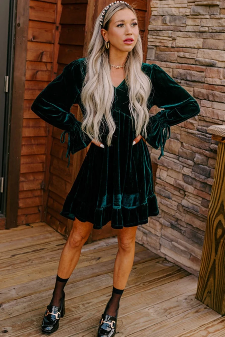 Shewin Women's Blackish Green V-Neck Lace-Up Sleeve Ruffled Velvet Dress