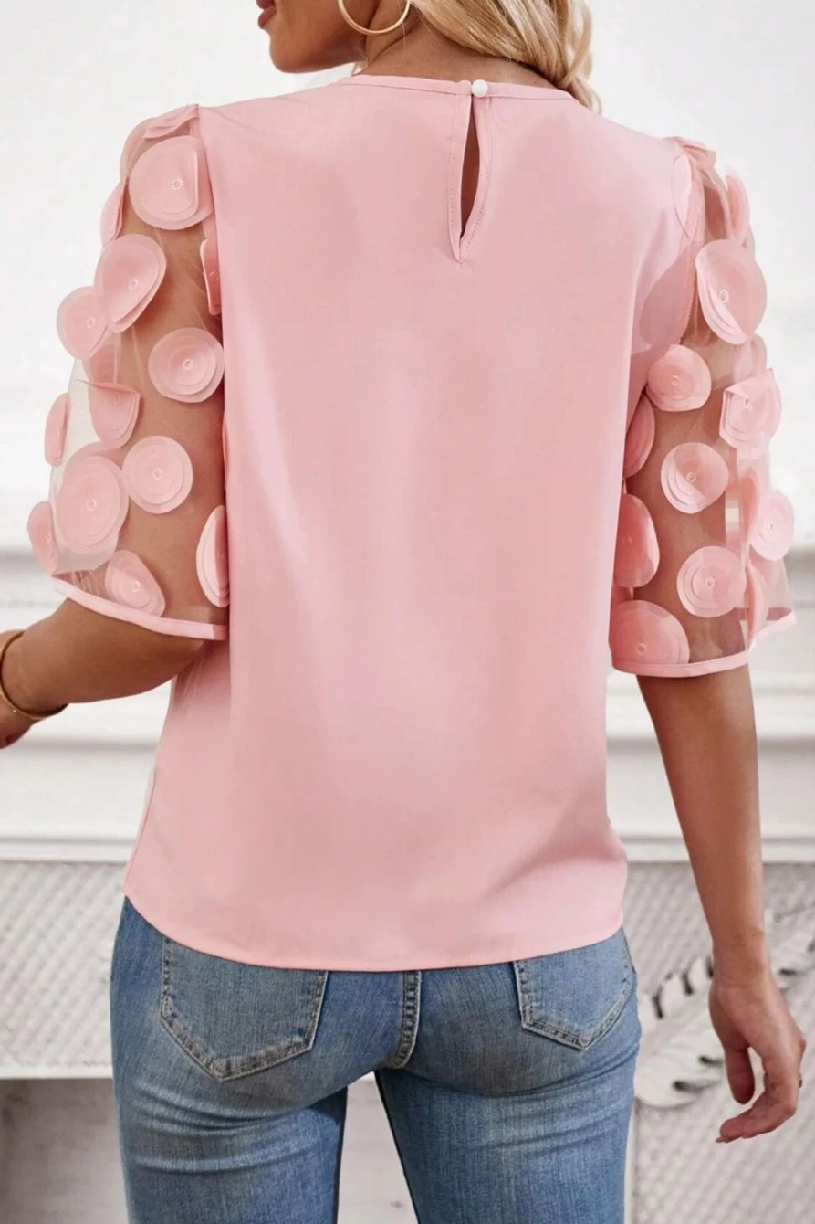 Shewin Women's Dusty Pink Applique Mesh Splicing Sleeve Blouse