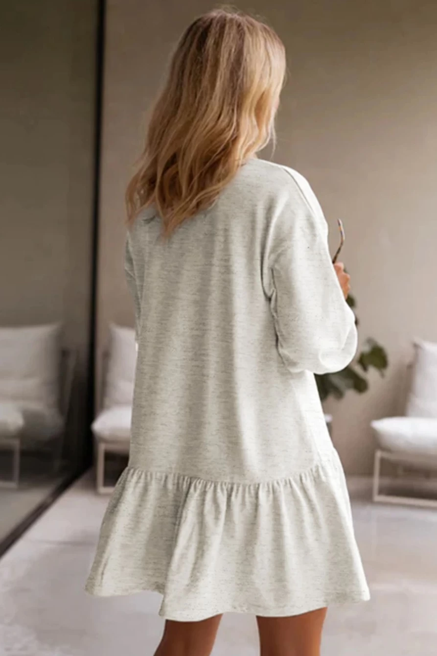 Shewin Women's White Solid Color Ruffle Hem Mini Sweatshirt Dress