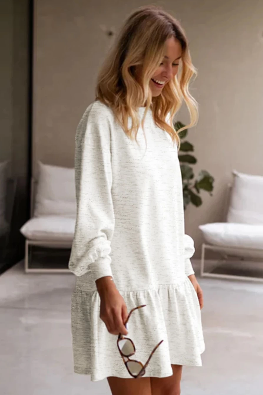 Shewin Women's White Solid Color Ruffle Hem Mini Sweatshirt Dress