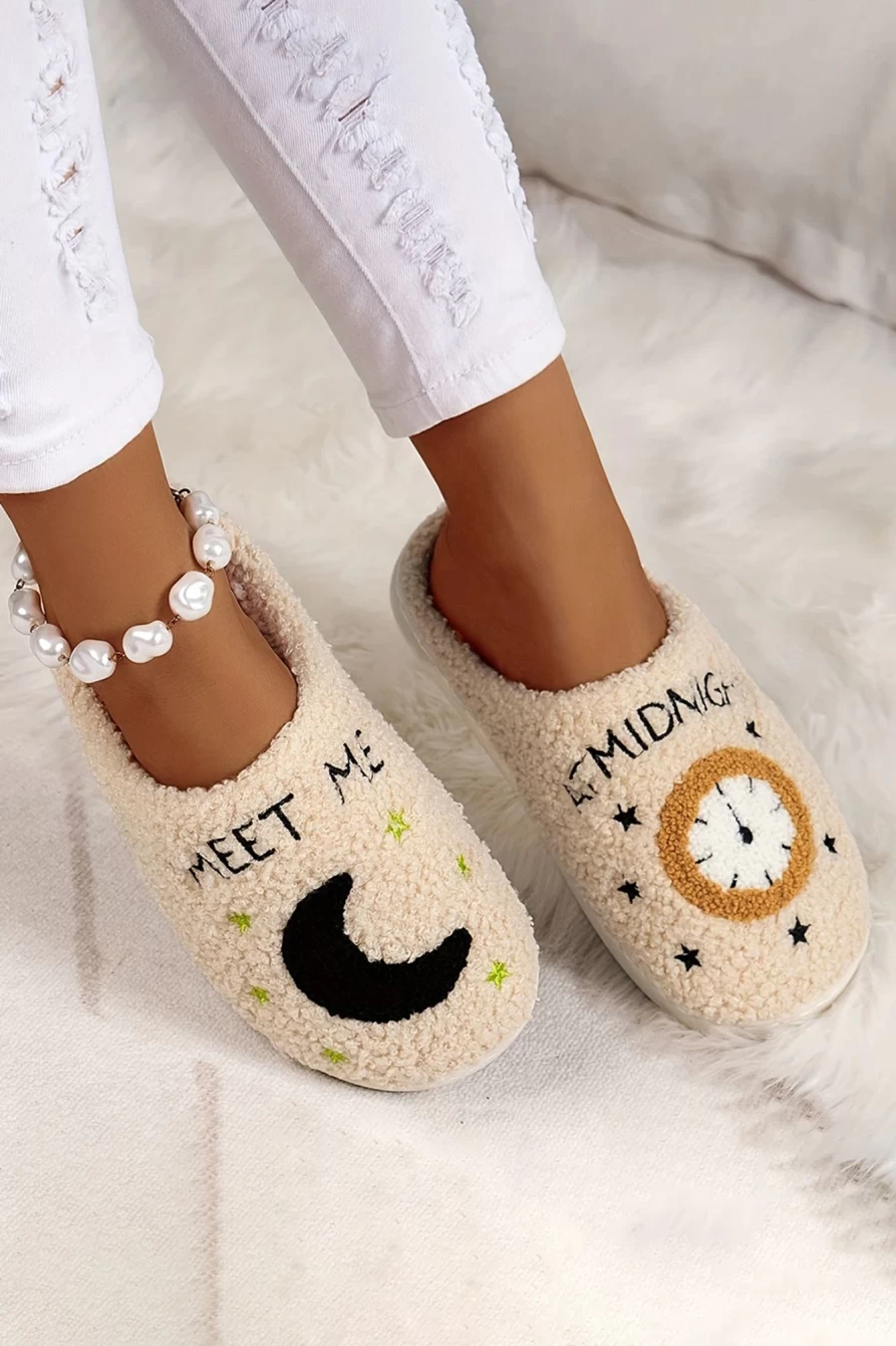 Shewin Women's Parchment Fuzzy Home Slippers with Moon & Clock Design - Cozy Indoor Slides