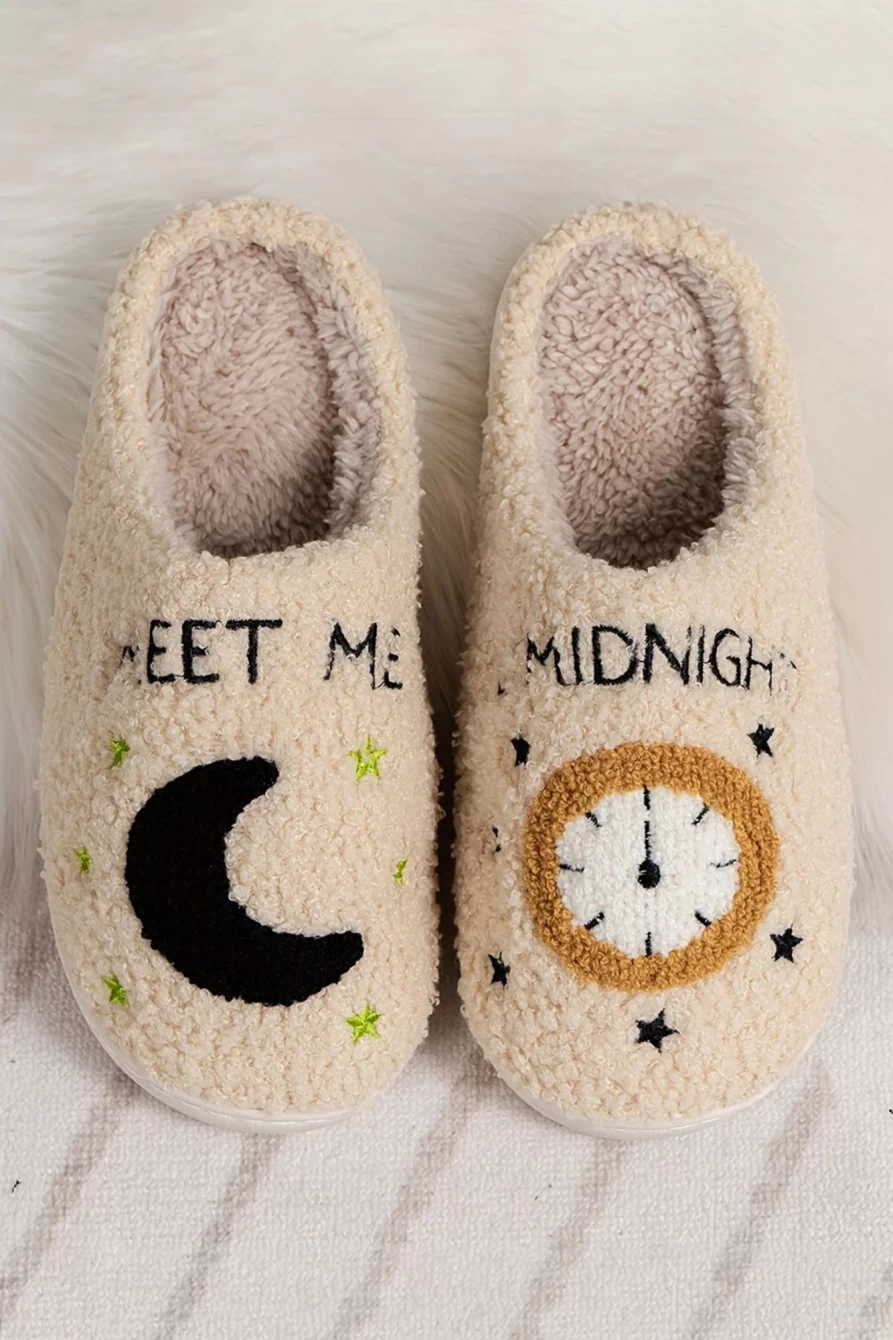 Shewin Women's Parchment Fuzzy Home Slippers with Moon & Clock Design - Cozy Indoor Slides