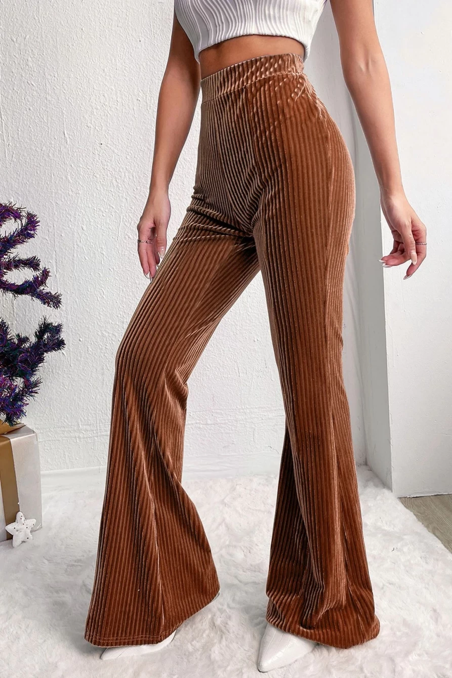 Shewin Women's Chestnut High Waist Corduroy Flare Pants - Solid Color Retro Wide Leg Trousers