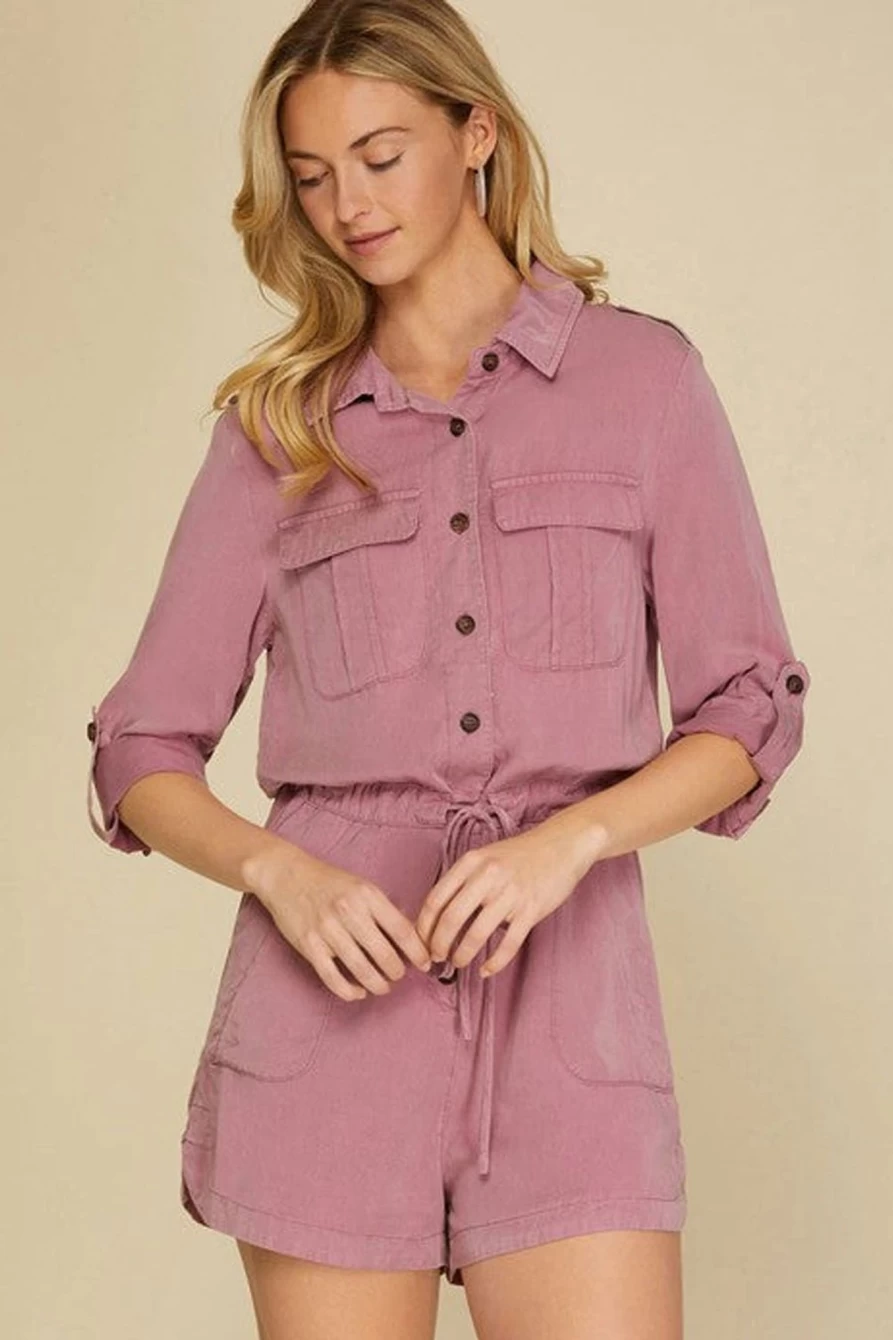 Women's Peach Blossom Roll-Up Sleeve Romper with Flap Pockets & Drawstring Waist by Shewin