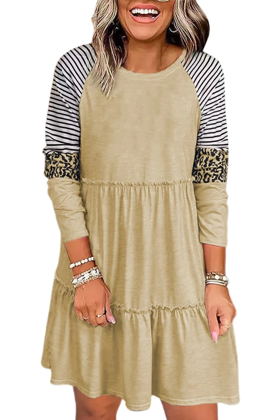 Shewin Women's Khaki Striped Leopard Print Patchwork Long Sleeve Short Dress