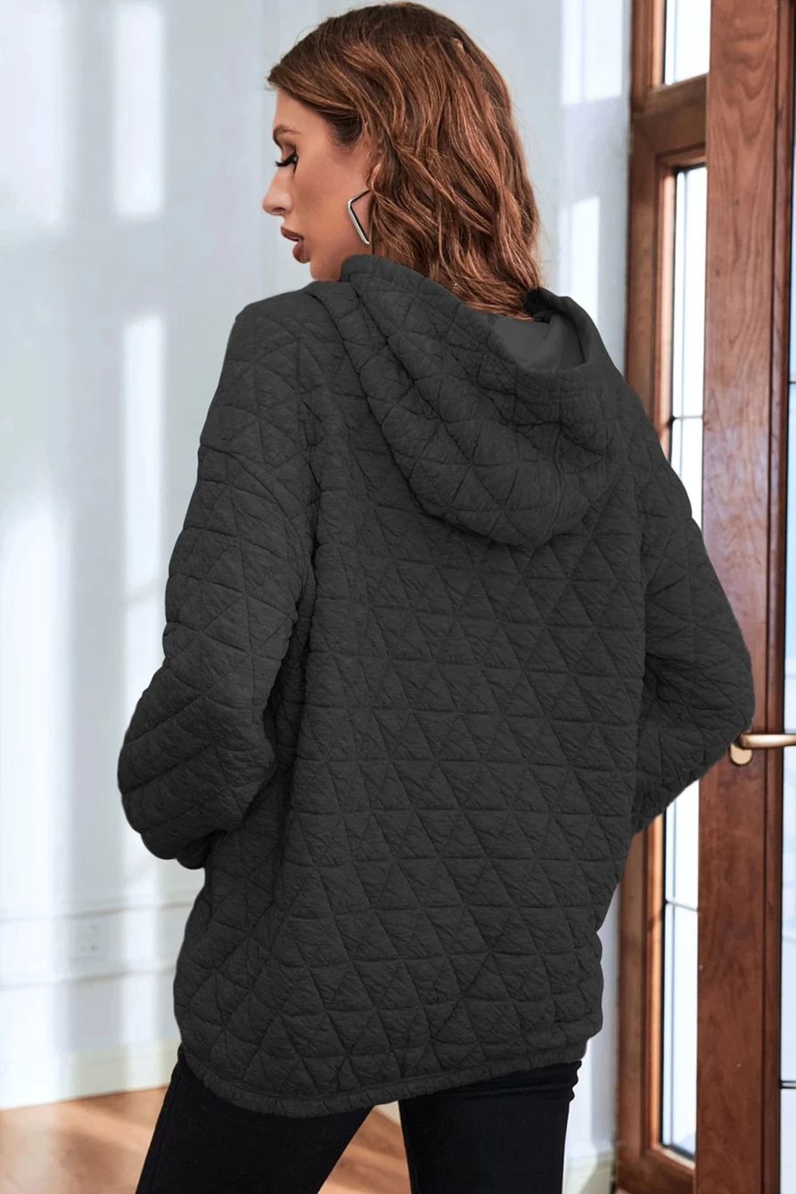 Shewin Women's Black Thermal Quilted Hoodie with Kangaroo Pockets
