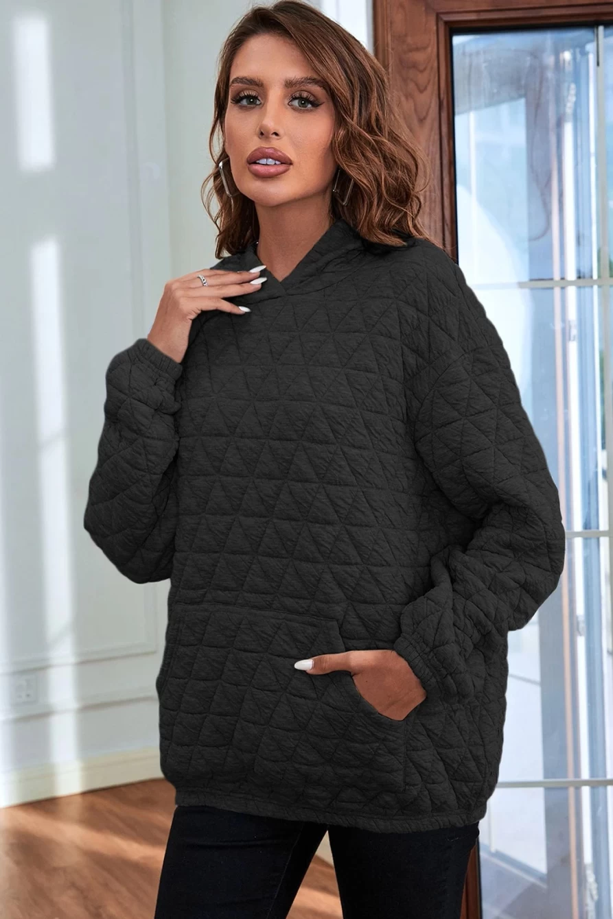 Shewin Women's Black Thermal Quilted Hoodie with Kangaroo Pockets