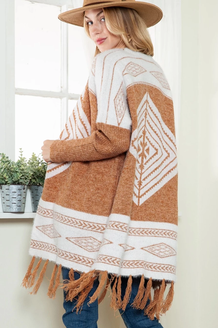 Shewin Women's Brown Colorblock Furry Knit Cardigan with Tassel Hem