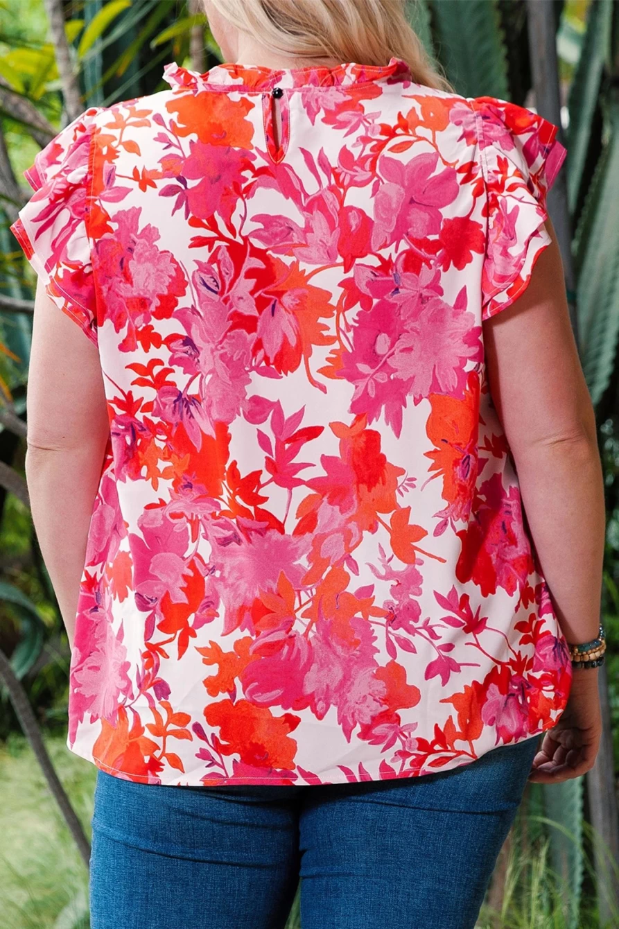 Shewin Women's Rose Floral Plus Size Blouse with Ruffle Tiered Sleeves and Frill Neck