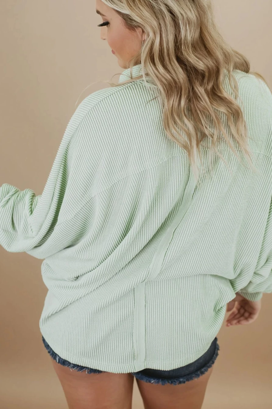 Women's Plus Size Green Ribbed Henley Top with Pockets & Long Sleeves | SHEWIN