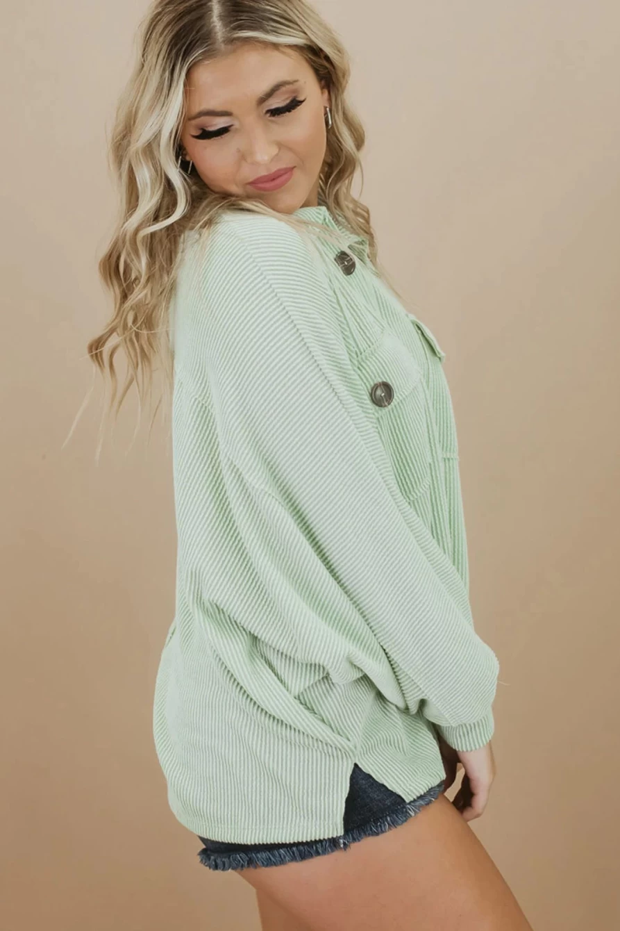 Women's Plus Size Green Ribbed Henley Top with Pockets & Long Sleeves | SHEWIN