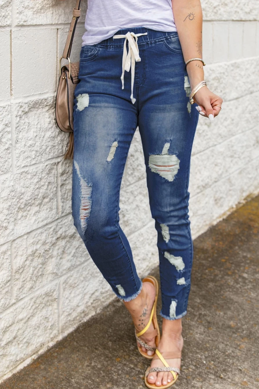Shewin Women's Blue Distressed Casual Jeans with Elastic Waist & Drawstring