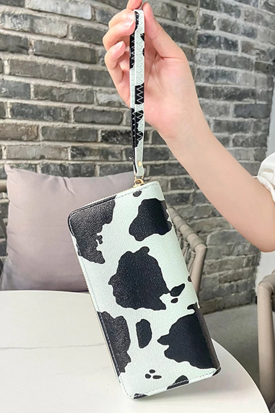 Shewin Bright White Faux Leather Clutch Purse for Women with Black Spots Print