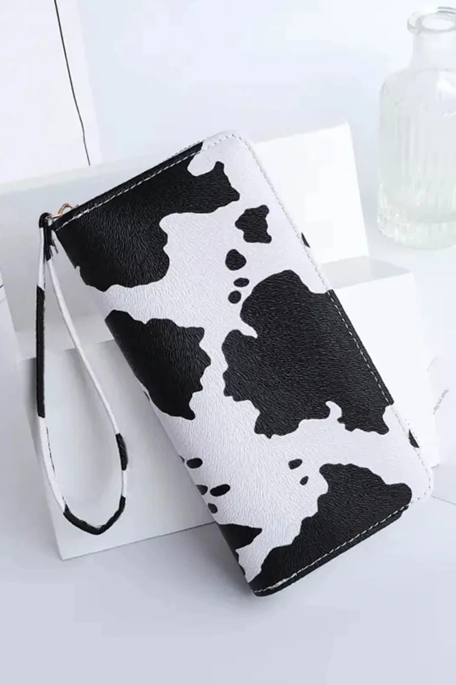 Shewin Bright White Faux Leather Clutch Purse for Women with Black Spots Print