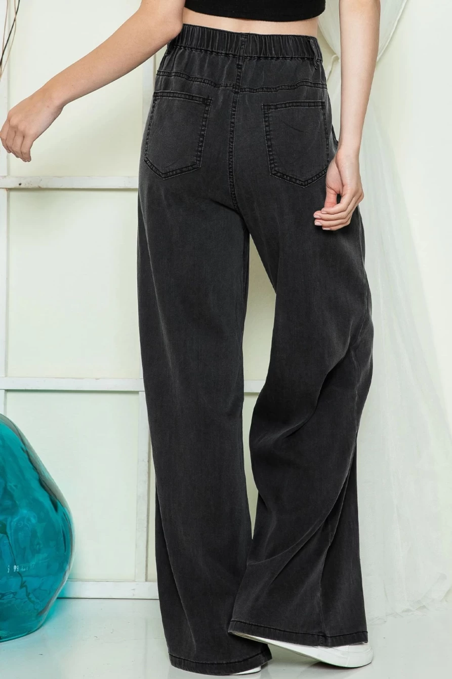 Shewin Women's Black Tencel Wide Leg Flare Pants - Soft Denim Elegant Casual Trousers