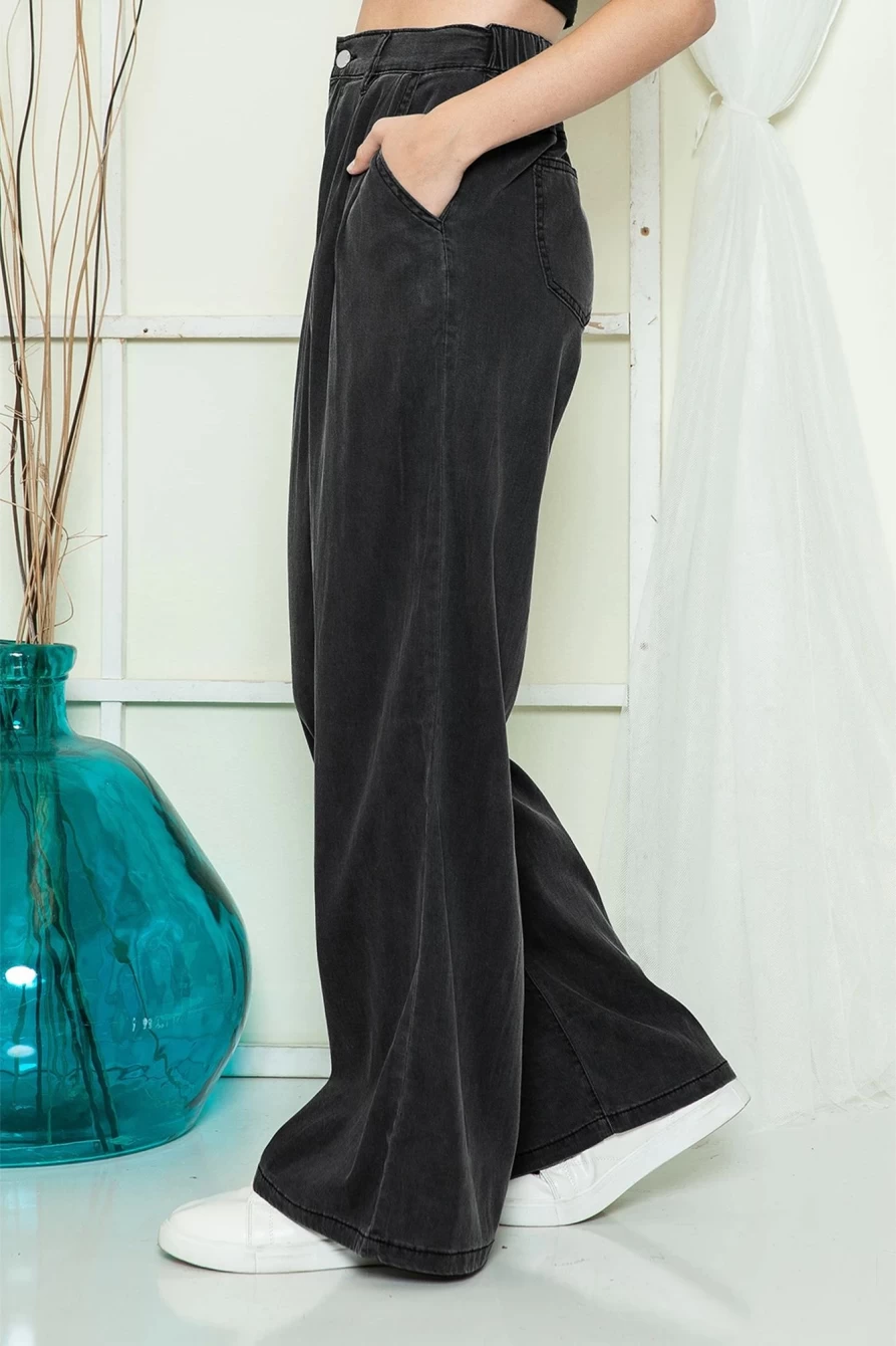 Shewin Women's Black Tencel Wide Leg Flare Pants - Soft Denim Elegant Casual Trousers