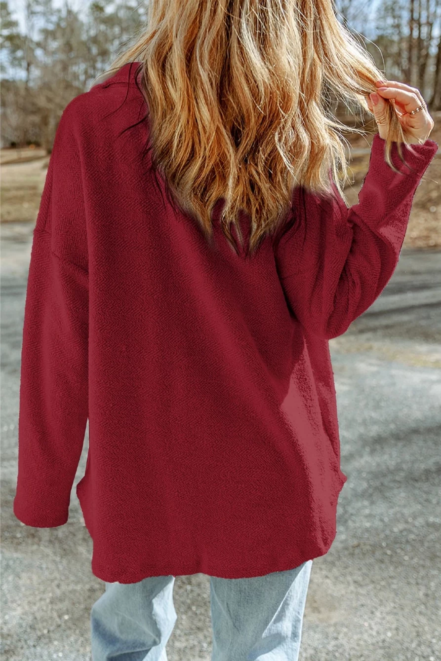 Shewin Women's Red Textured Button-Up Shirt Jacket with Flap Pockets