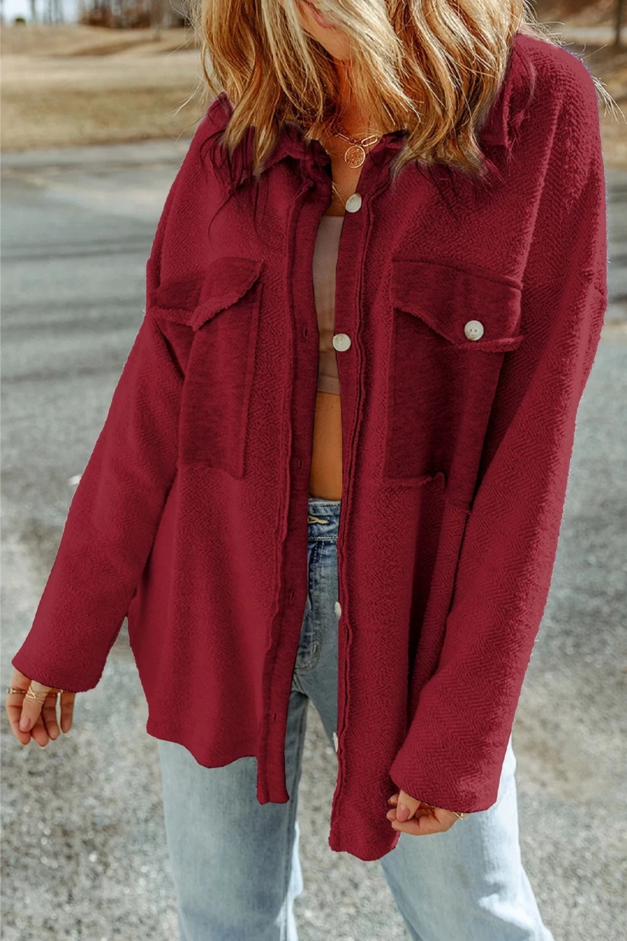 Shewin Women's Red Textured Button-Up Shirt Jacket with Flap Pockets