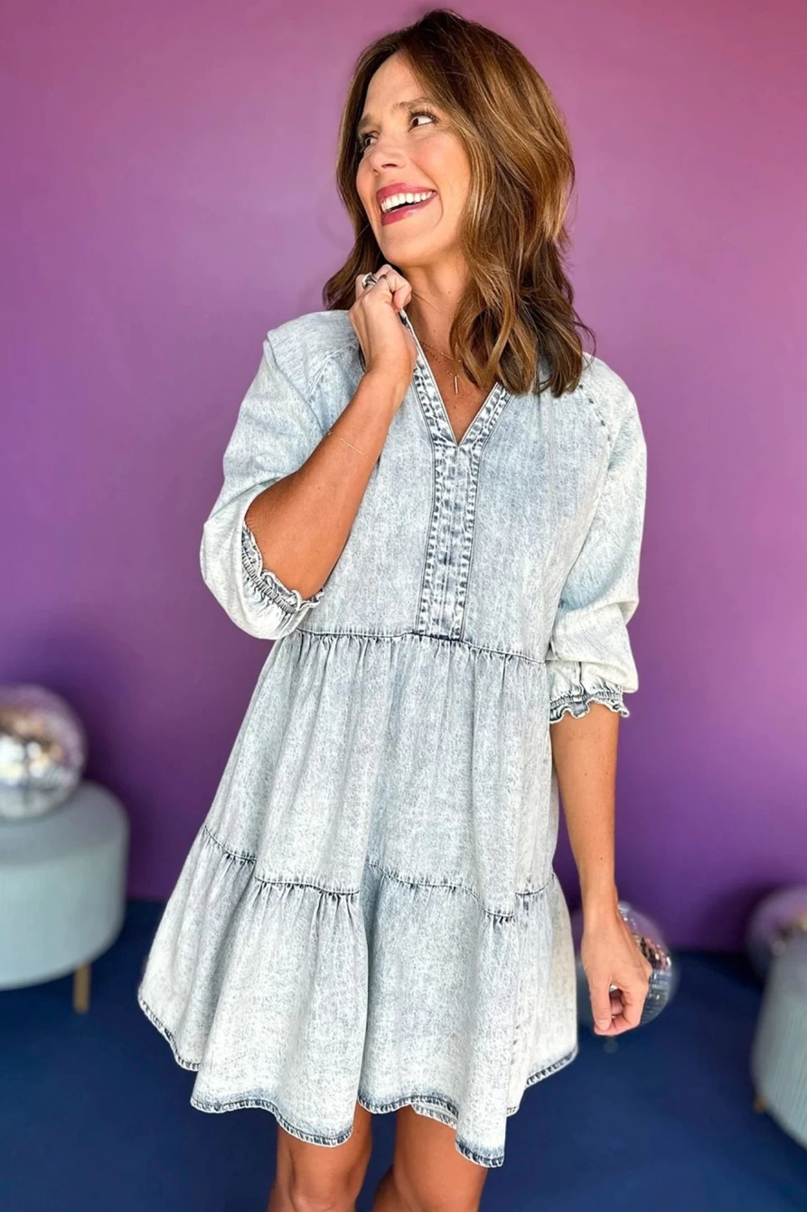 Shewin Women's Dusk Blue Acid Wash Retro Flared Denim Dress - Half Sleeve Vintage Style