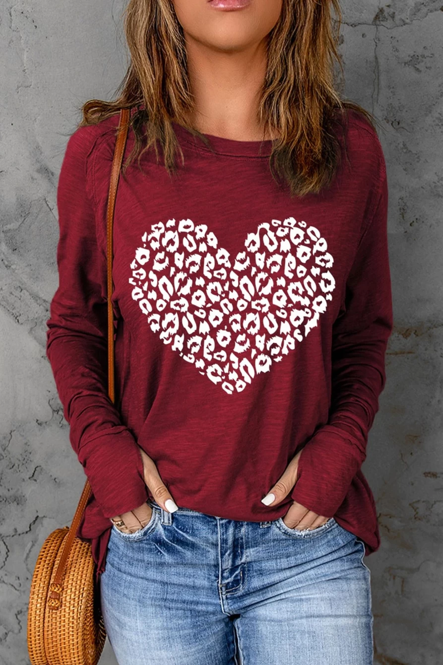 "SheWin Women's Red Leopard Heart Print Long Sleeve Raglan T-Shirt"