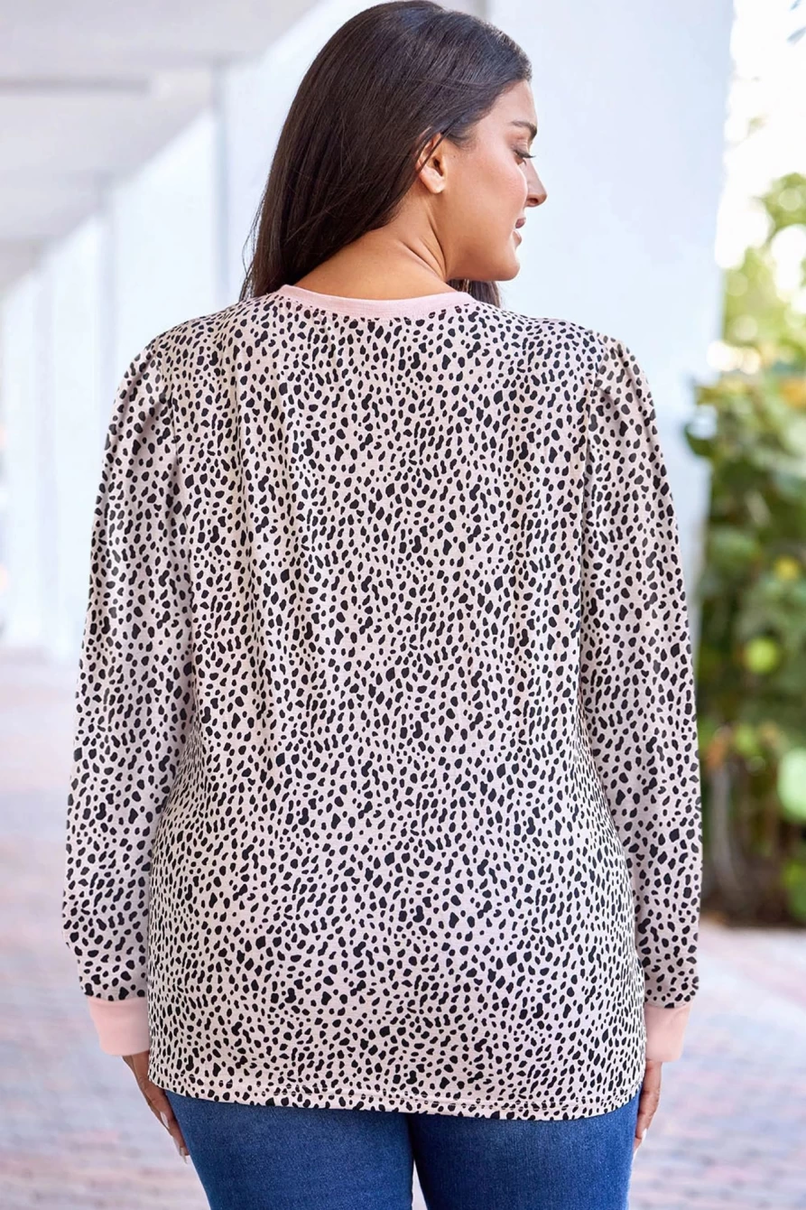 Shewin Women's Apricot Animal Print Plus Size Long Sleeve T-Shirt