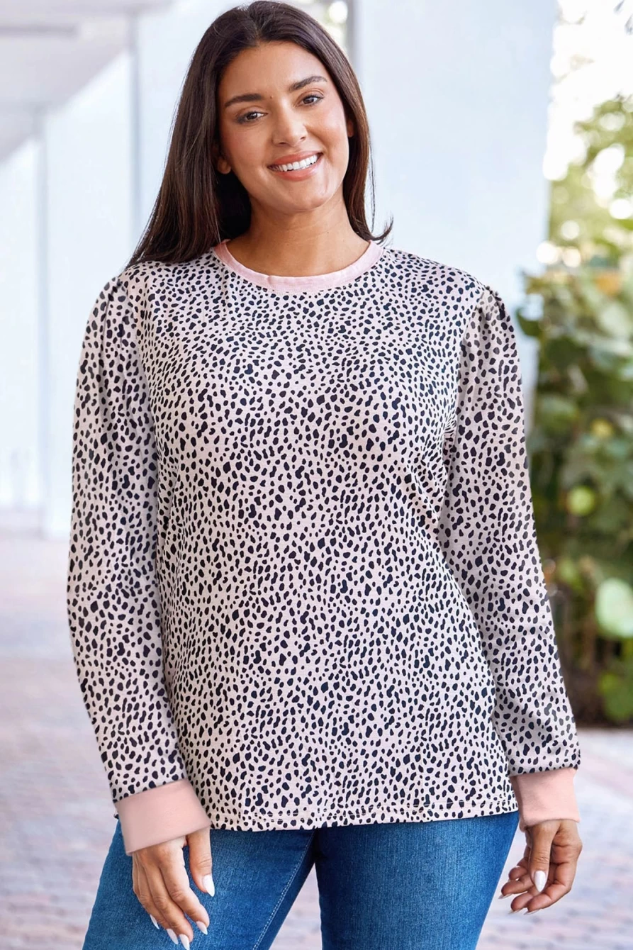 Shewin Women's Apricot Animal Print Plus Size Long Sleeve T-Shirt