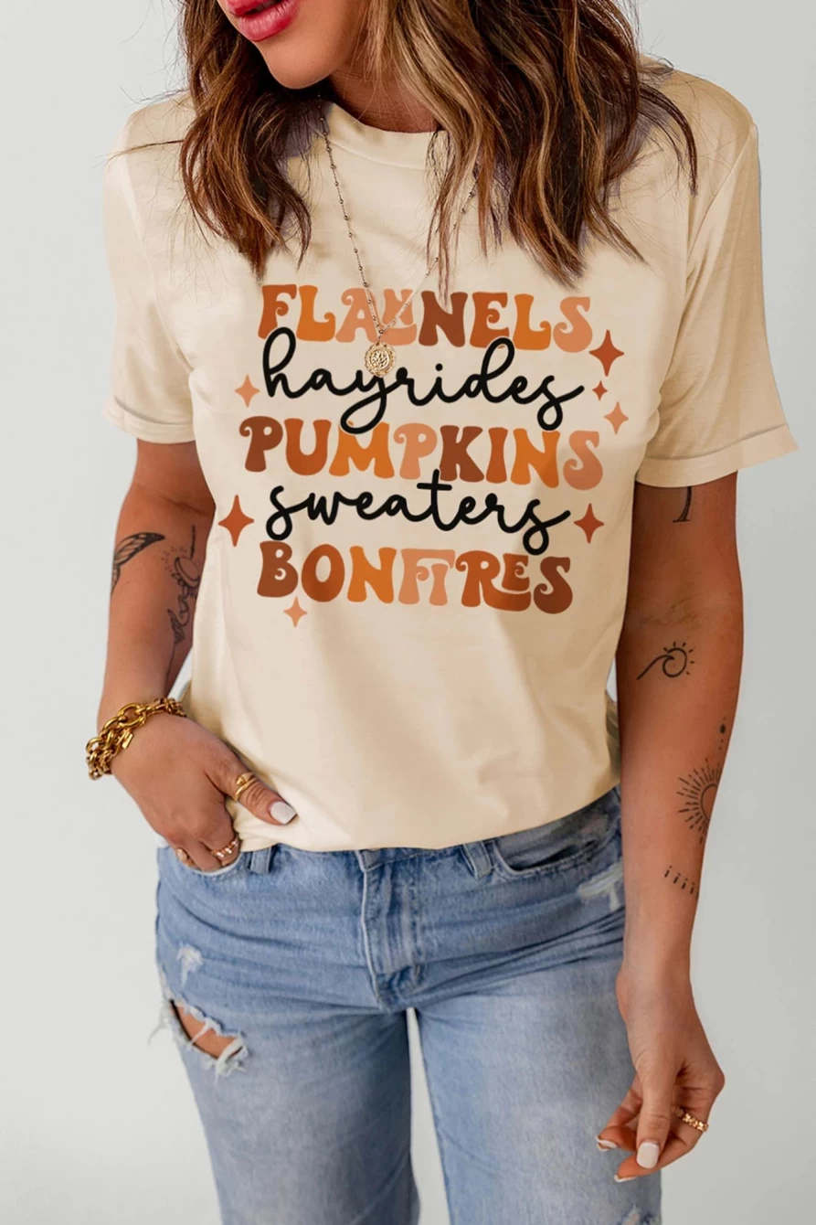 Shewin Women's Khaki Flannels Hayrides Pumpkins Bonfires Graphic Tee