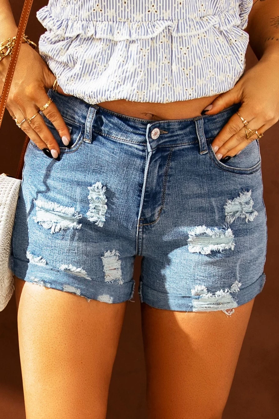 Women's Sky Blue Vintage Distressed Denim Shorts by Shewin - Faded Light Wash High Waisted Retro Jean Shorts for Women