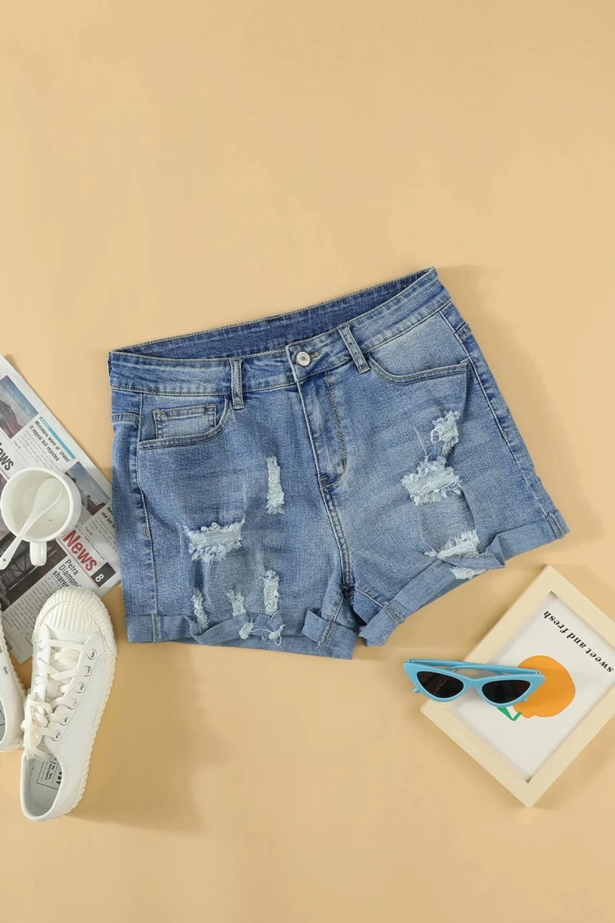 Women's Sky Blue Vintage Distressed Denim Shorts by Shewin - Faded Light Wash High Waisted Retro Jean Shorts for Women