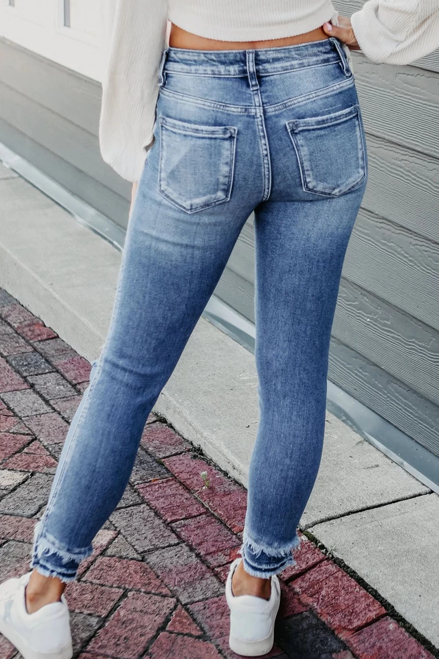 Shewin Women's Light Blue Ripped Fringe Crop Skinny Jeans - Distressed Denim for Women